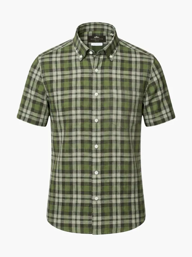 Gloriette Button-Down Kurzarmhemd Karo Grün Leinenmix