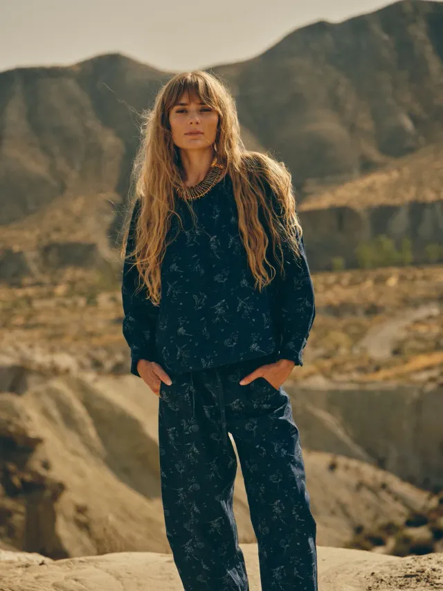 Mos Mosh MMHPoise Jacquard Bluse Dark Blue Denim Baumwolle Oversize