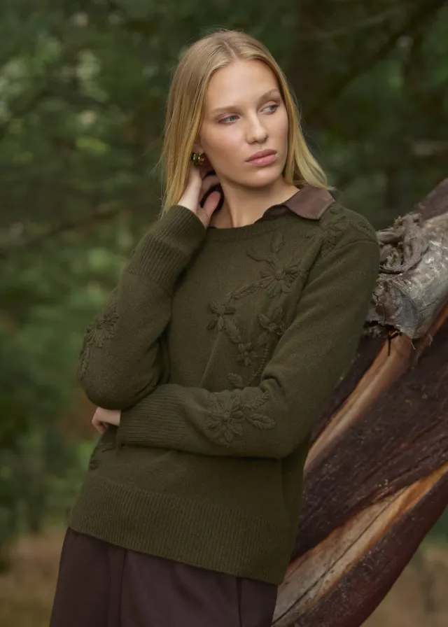 Senatex Pullover Blumenstickerei Merinopullover Cream