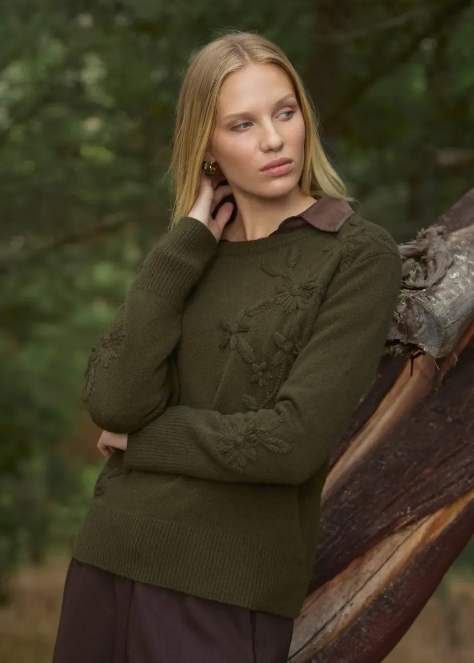 Senatex Pullover Blumenstickerei Merinopullover Cream