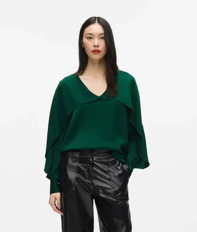 Karl Lagerfeld V-Neck Flounce Bluse Rüschen weiß
