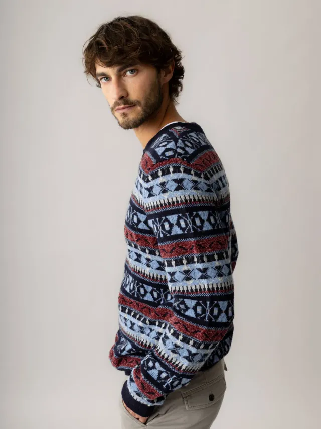Mos Mosh Patterson Jacquard Crew Knit Pullover Navy regular