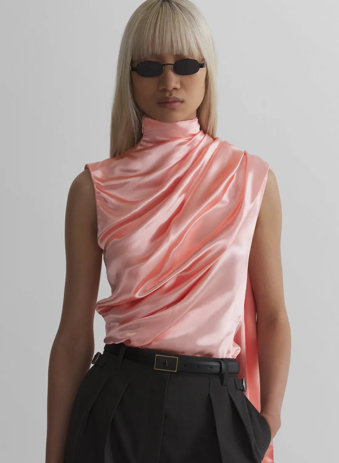 Mugler Scarf Satin Top baby pink ärmellos drapiert