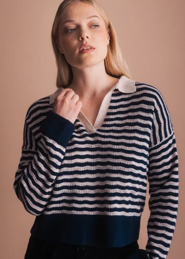 Senatex Streifenpullover mit Kragen Pullover Navy Combo Merinowolle