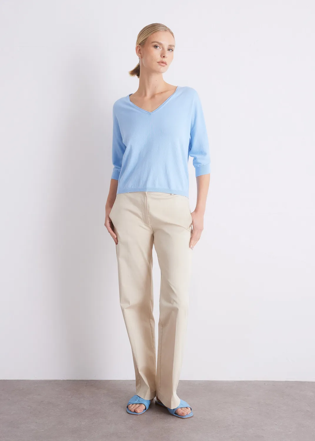 Senatex V-Ausschnitt-Pullover Baumwoll-Kaschmir Off-White GOTS