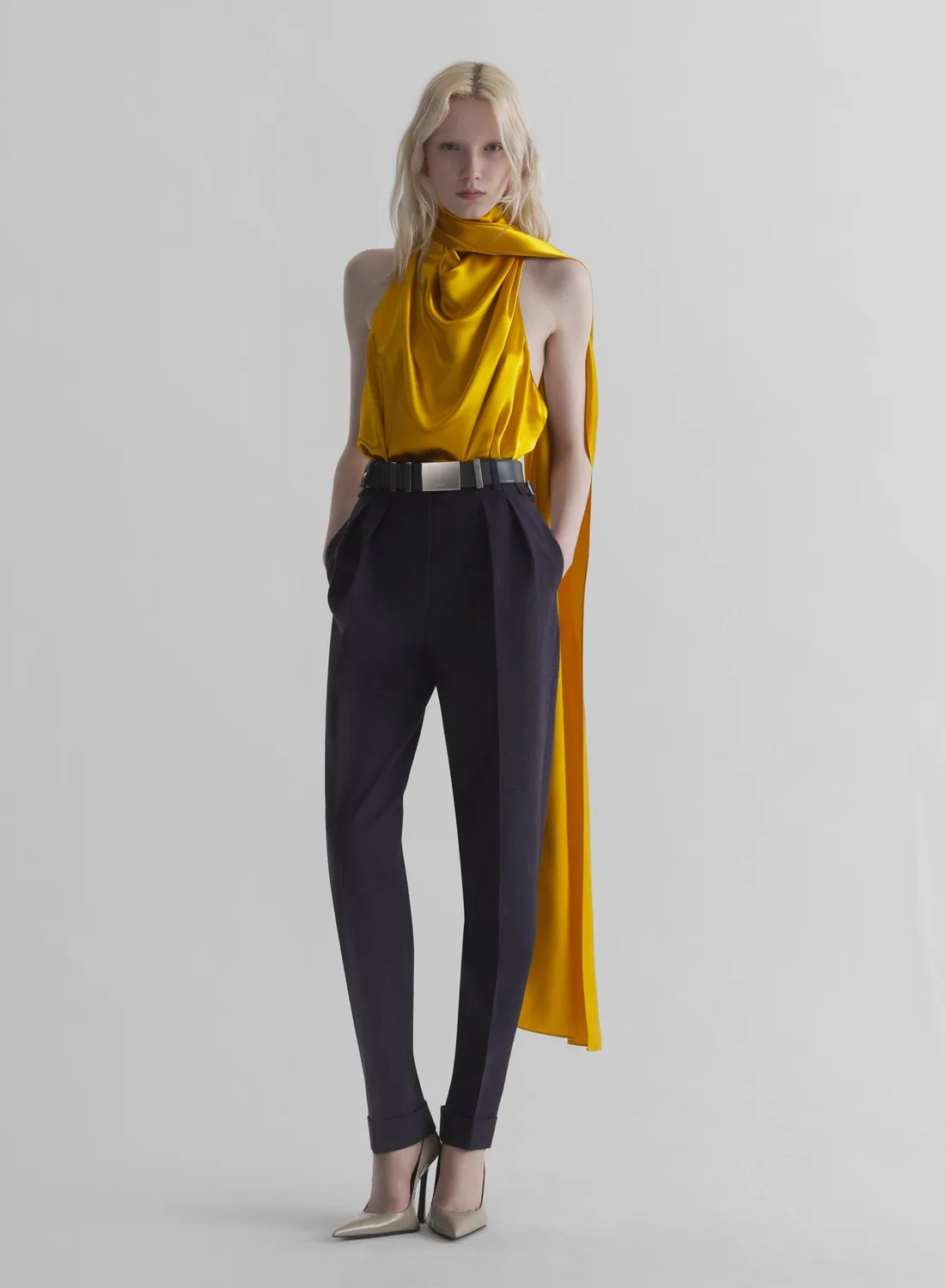 Mugler Backless Scarf Top senf rückenfrei Satin