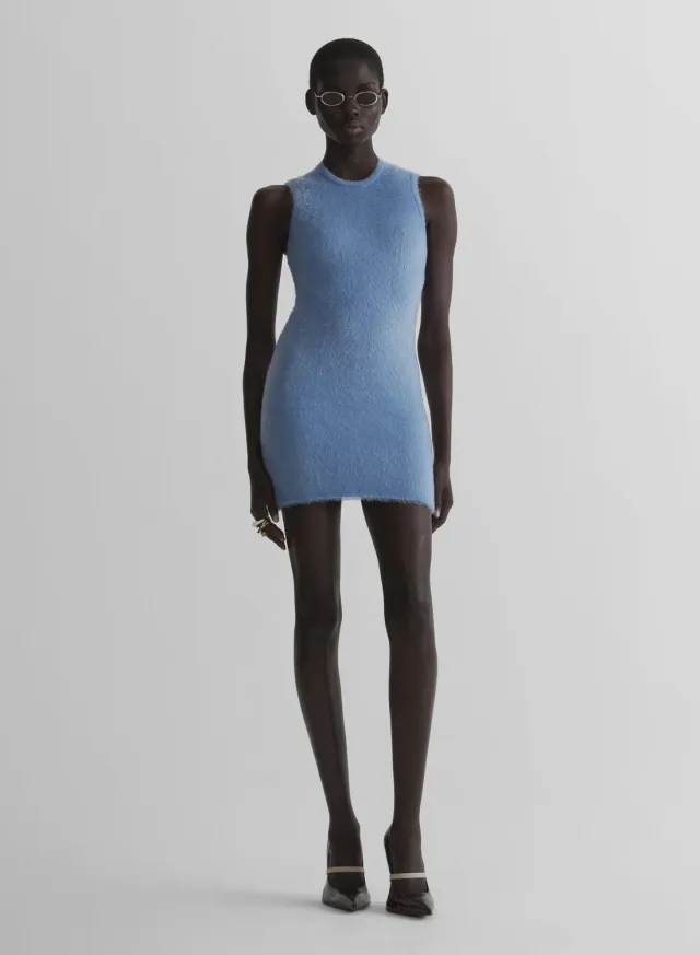 Mugler Brushed Knit Kleid Hellblau Mini