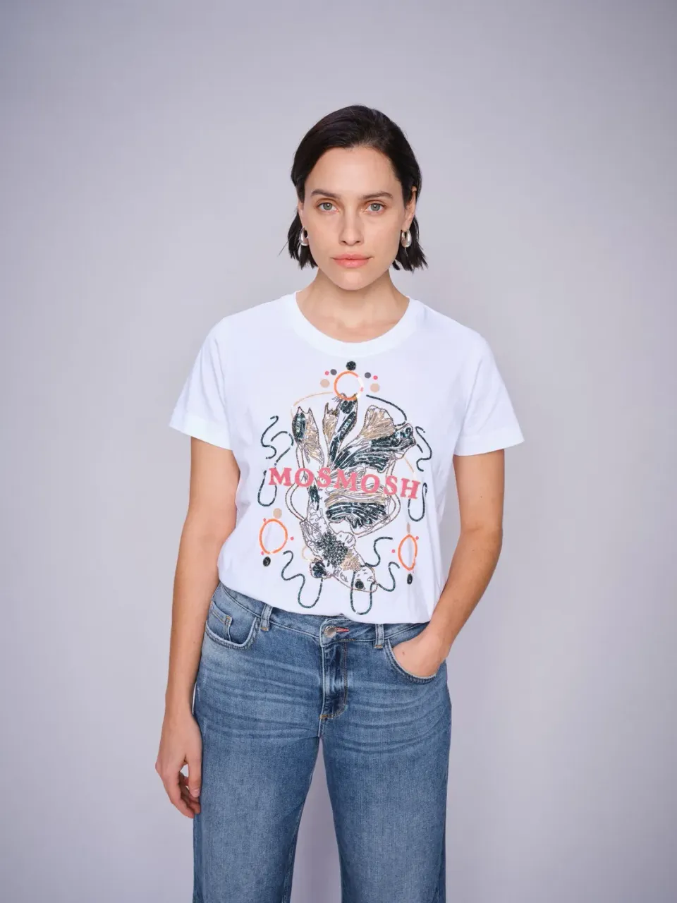 Mos Mosh MMHallin O-SS Deco T-Shirt Weiß Koi-Stickerei
