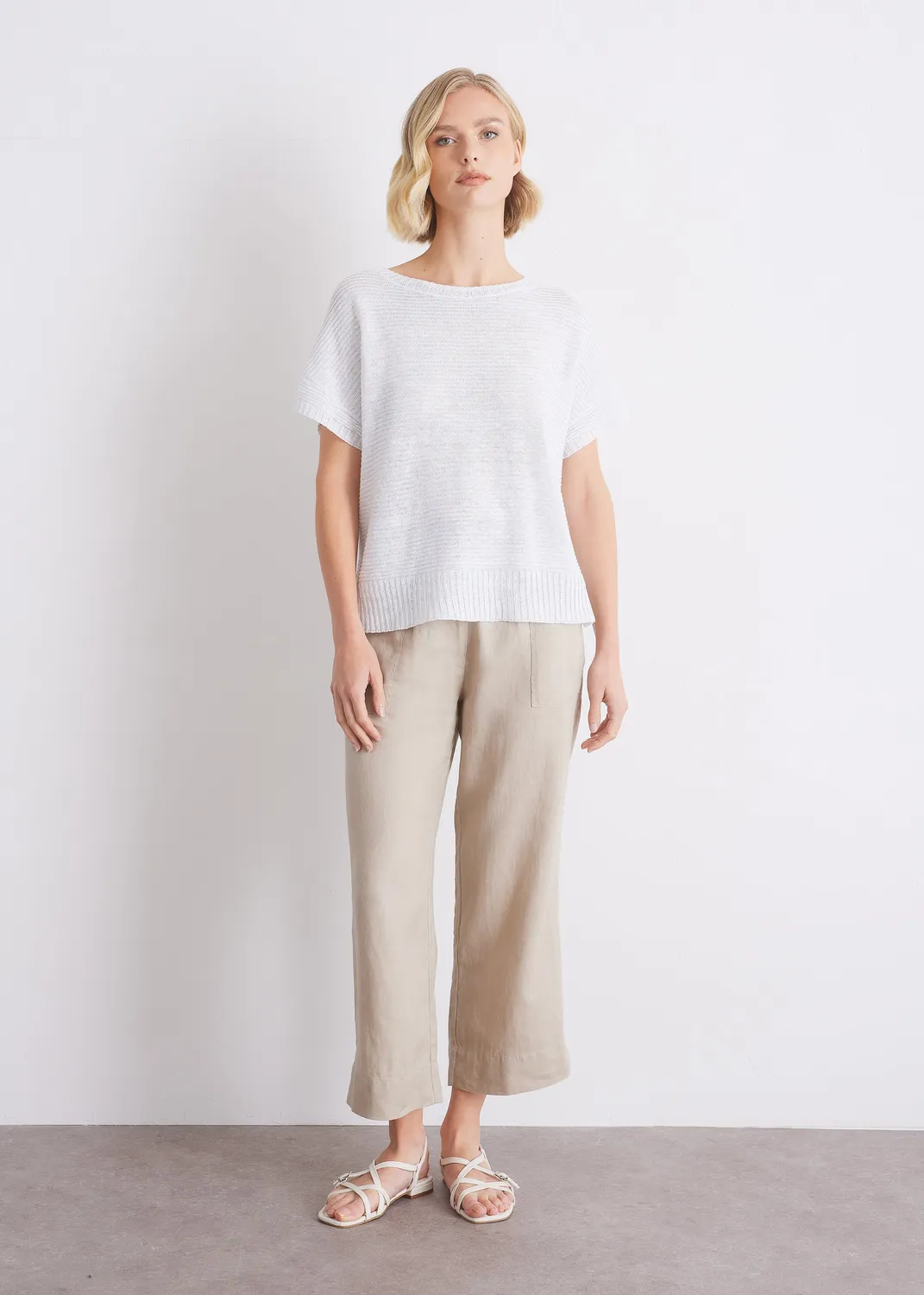 Senatex Leinenstrickshirt Off-White Seitenschlitz Gr M