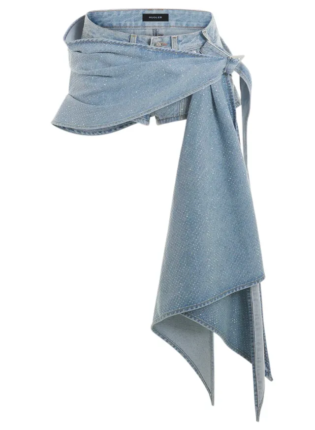 Mugler Spiral Denim Shorts Strass Blau Low-Rise