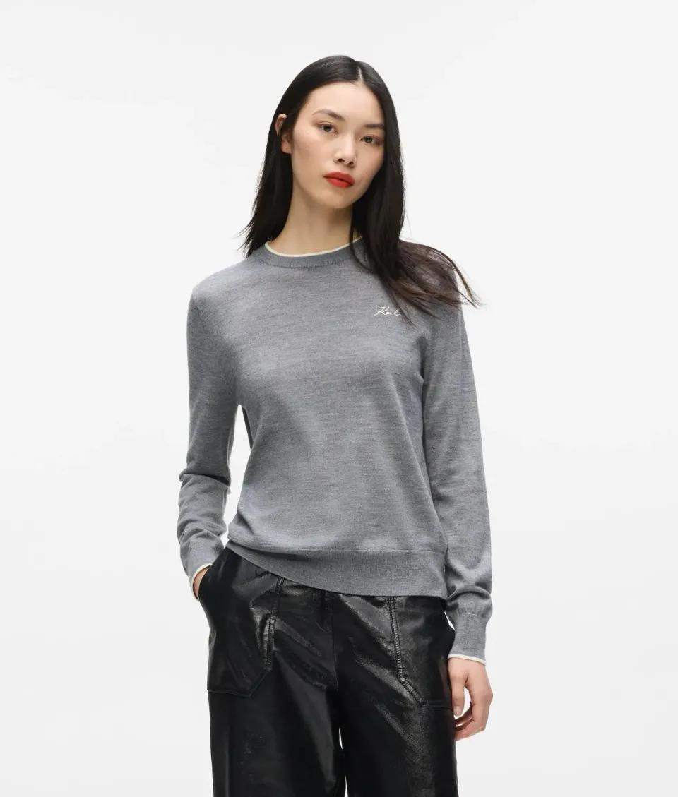 Karl Lagerfeld Merino Crewneck Pullover Wolle Paspel