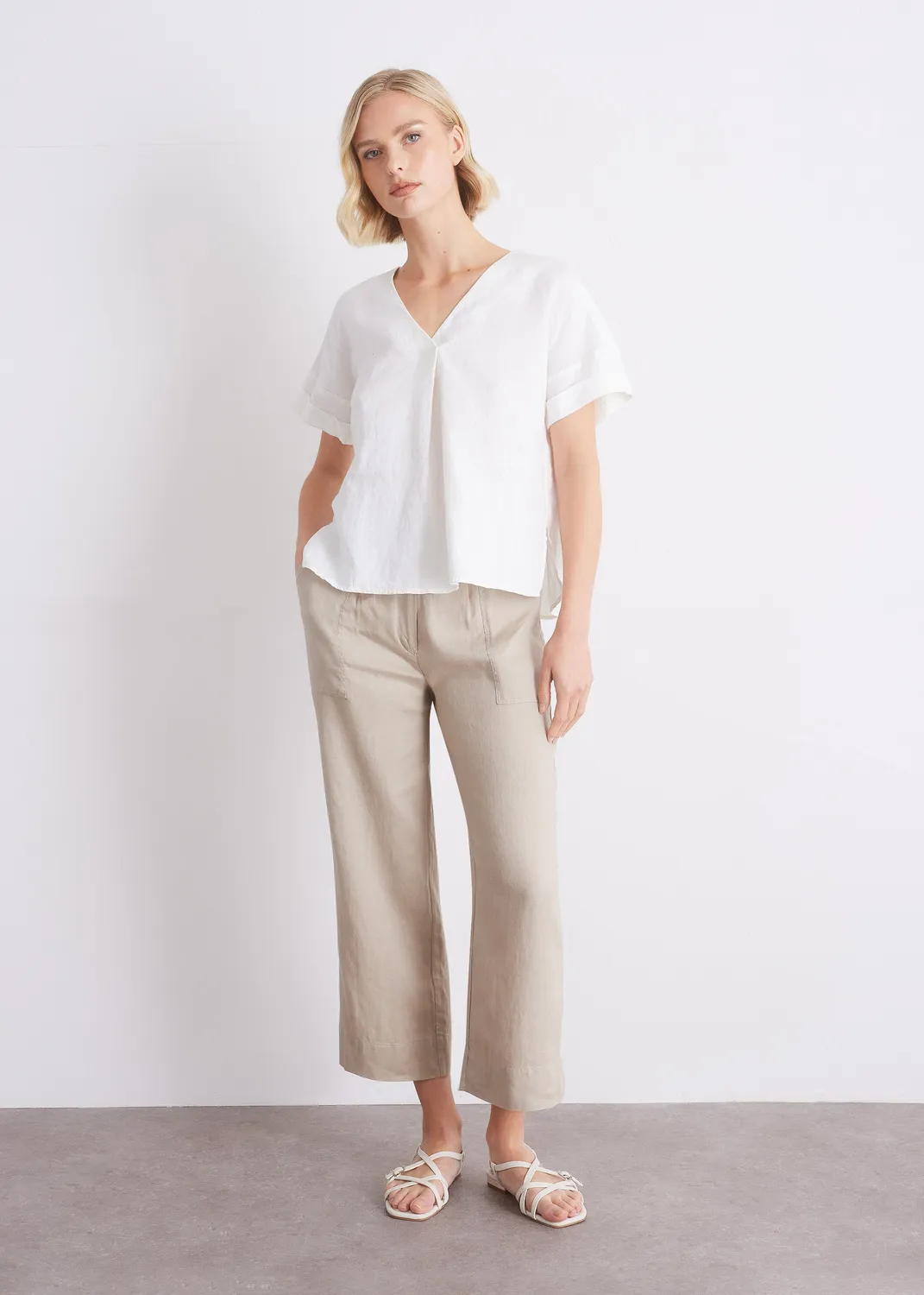 Senatex Bluse Leinen V-Ausschnitt Off-White Kurzarm
