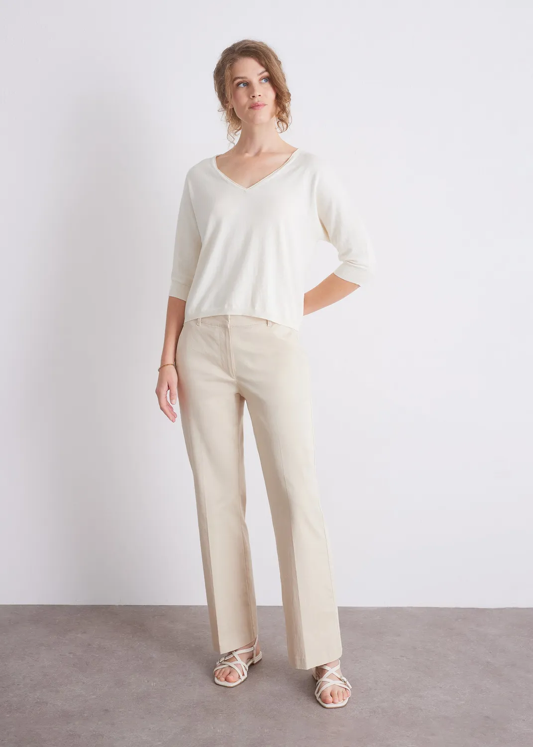 Senatex V-Ausschnitt-Pullover Baumwoll-Kaschmir Off-White GOTS