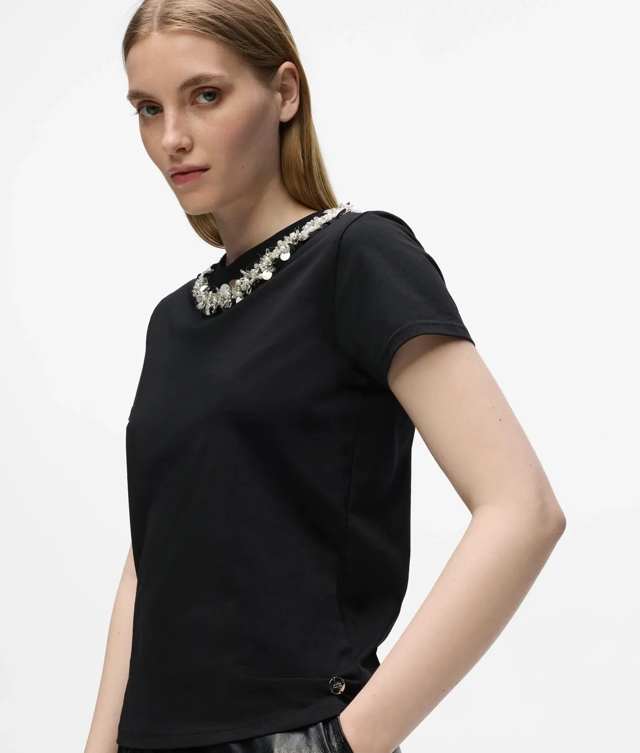 Karl Lagerfeld Beaded Collar T-Shirt Damen Perlen Bio