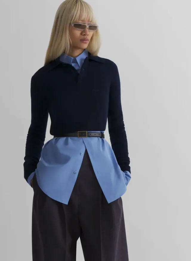 Mugler Cashmere Cropped Polo Strick navy kurz