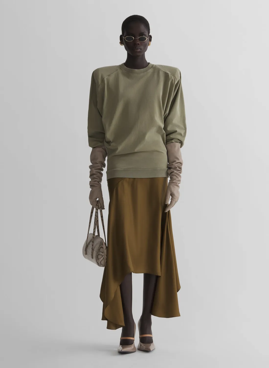 Mugler Asymetric Fluid Midi-Rock khaki Seide
