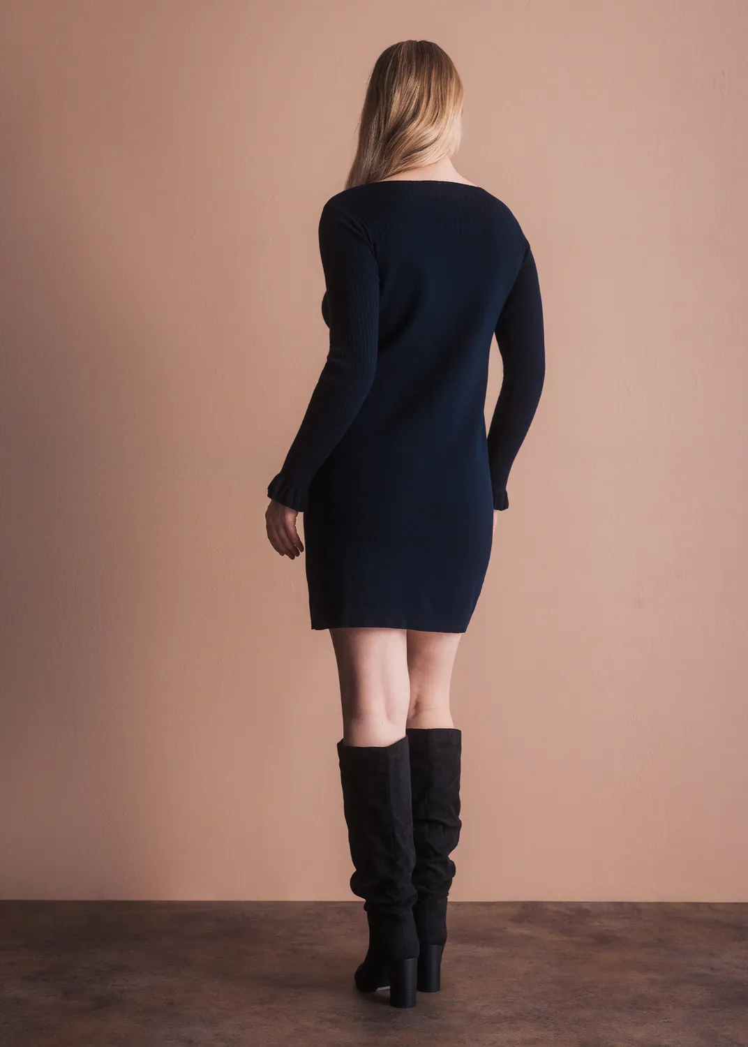Senatex Strickkleid Rüschenärmel Navy Kaschmir