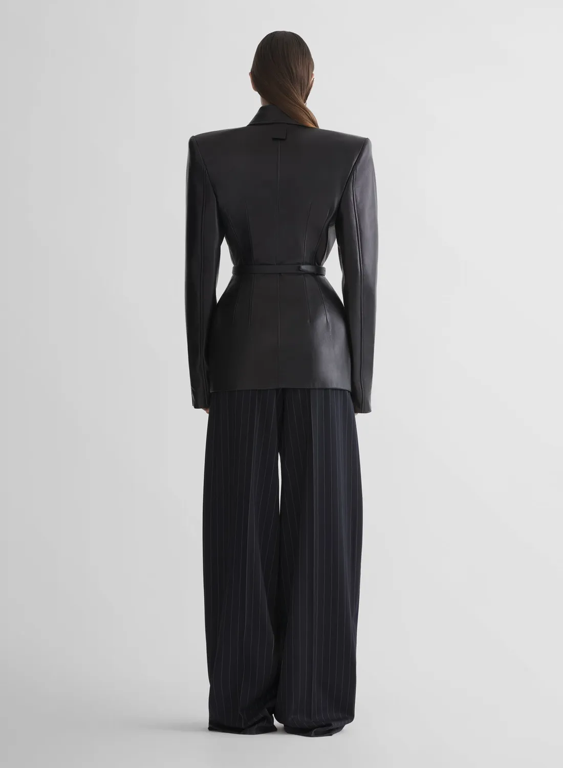 Mugler Pinstripe Wide Pleated Hose Navy Wolle weit