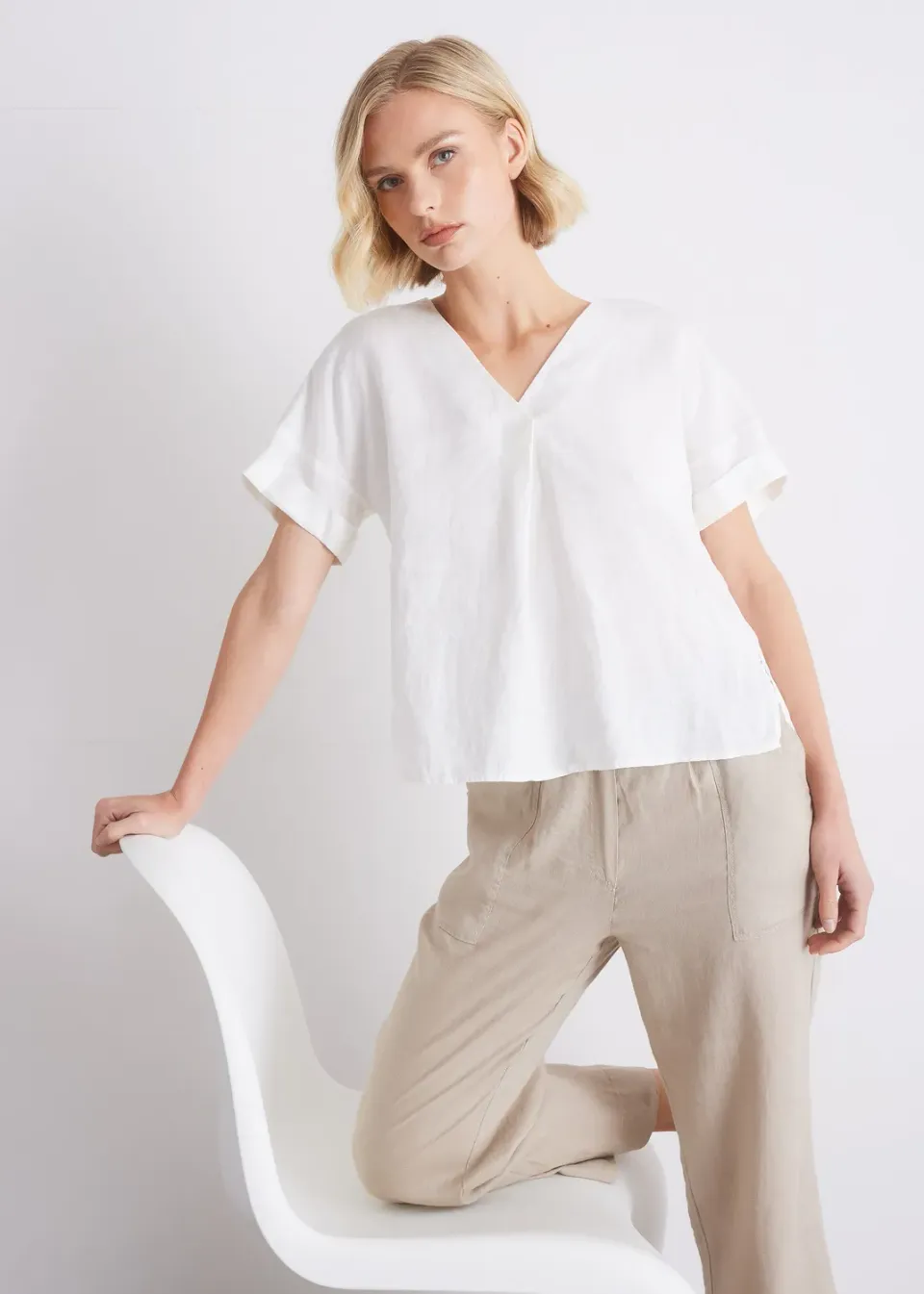 Senatex Bluse Leinen V-Ausschnitt Off-White Kurzarm
