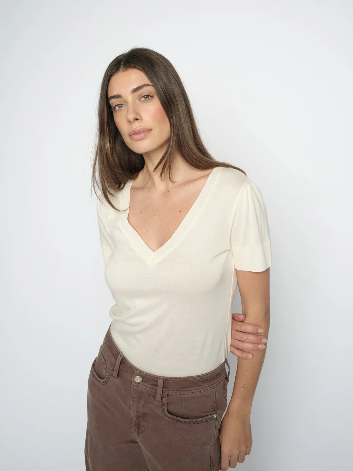 Mos Mosh MMSink V-Neck T-Shirt figurbetont Ecru
