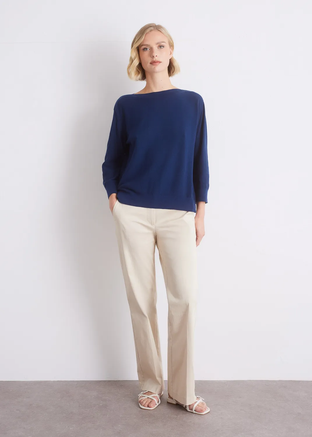 Senatex Pullover Baumwoll-Seide Navy U-Boot-Ausschnitt