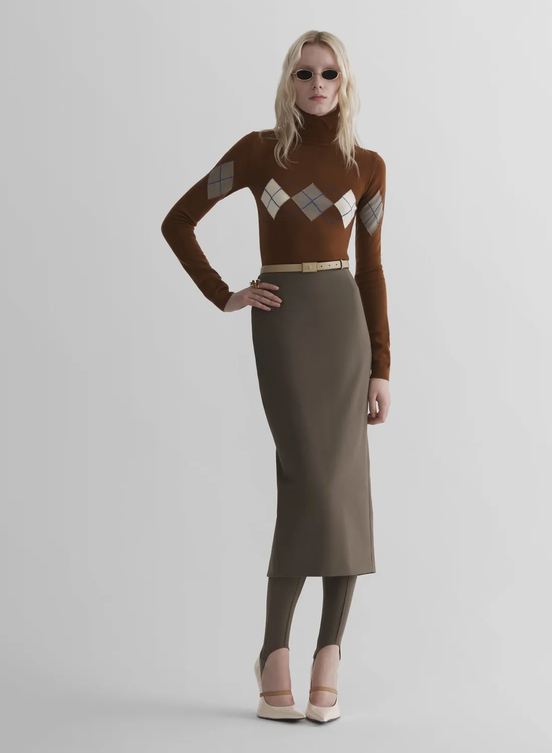 Mugler Argyle Top Braun Wollmix Figurbetont