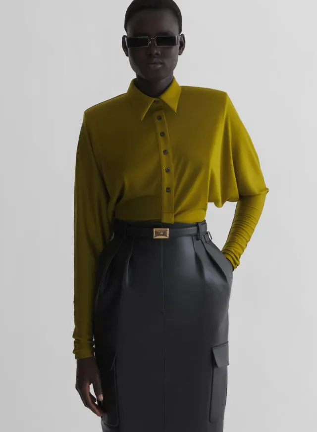 Mugler Polo Bodysuit Olivgrün Fledermaus Langarm