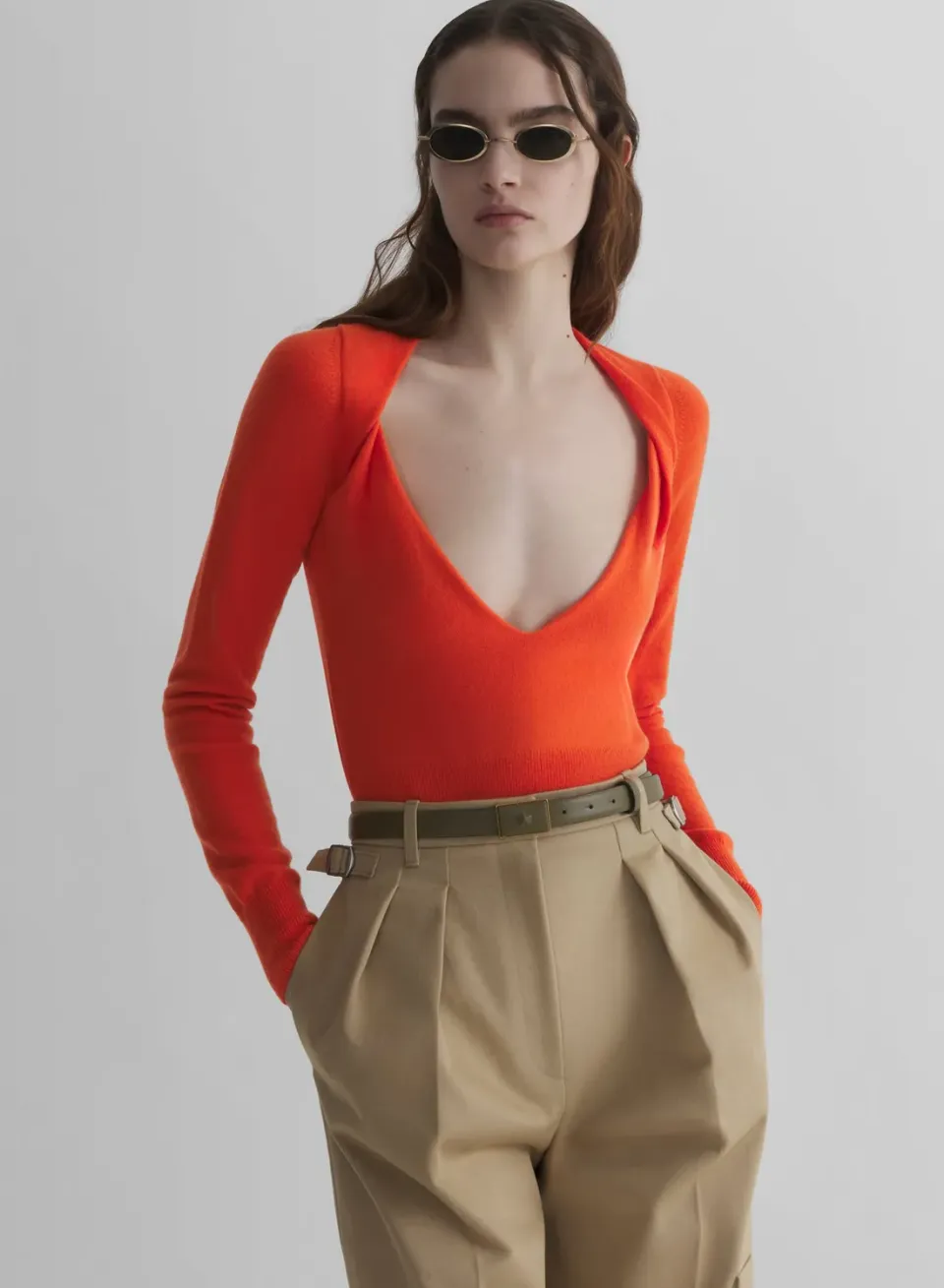 Mugler Cashmere V-Neck Knit Top Orange Cropped