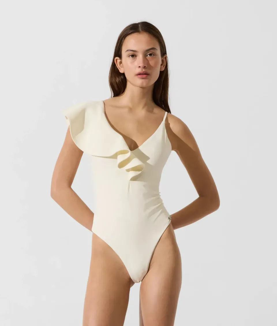 Karl Lagerfeld Signature Badeanzug Damen Rüschen V-Ausschnitt