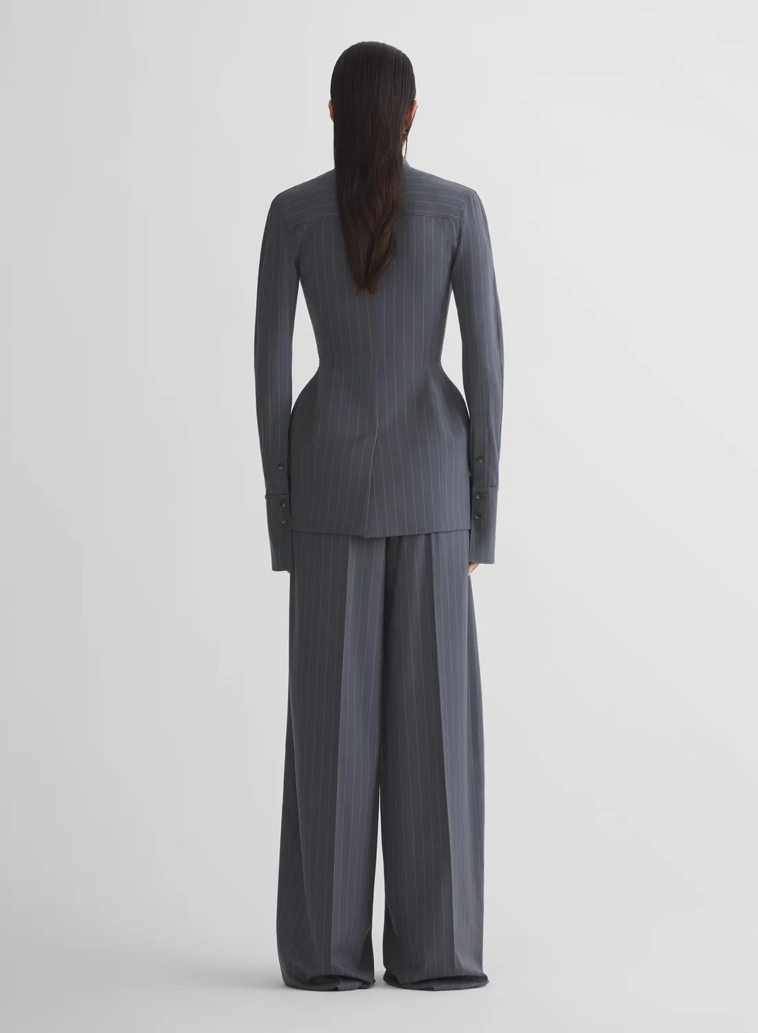 Mugler Pinstripe Wide Pleated Hose Grau Wolle weit