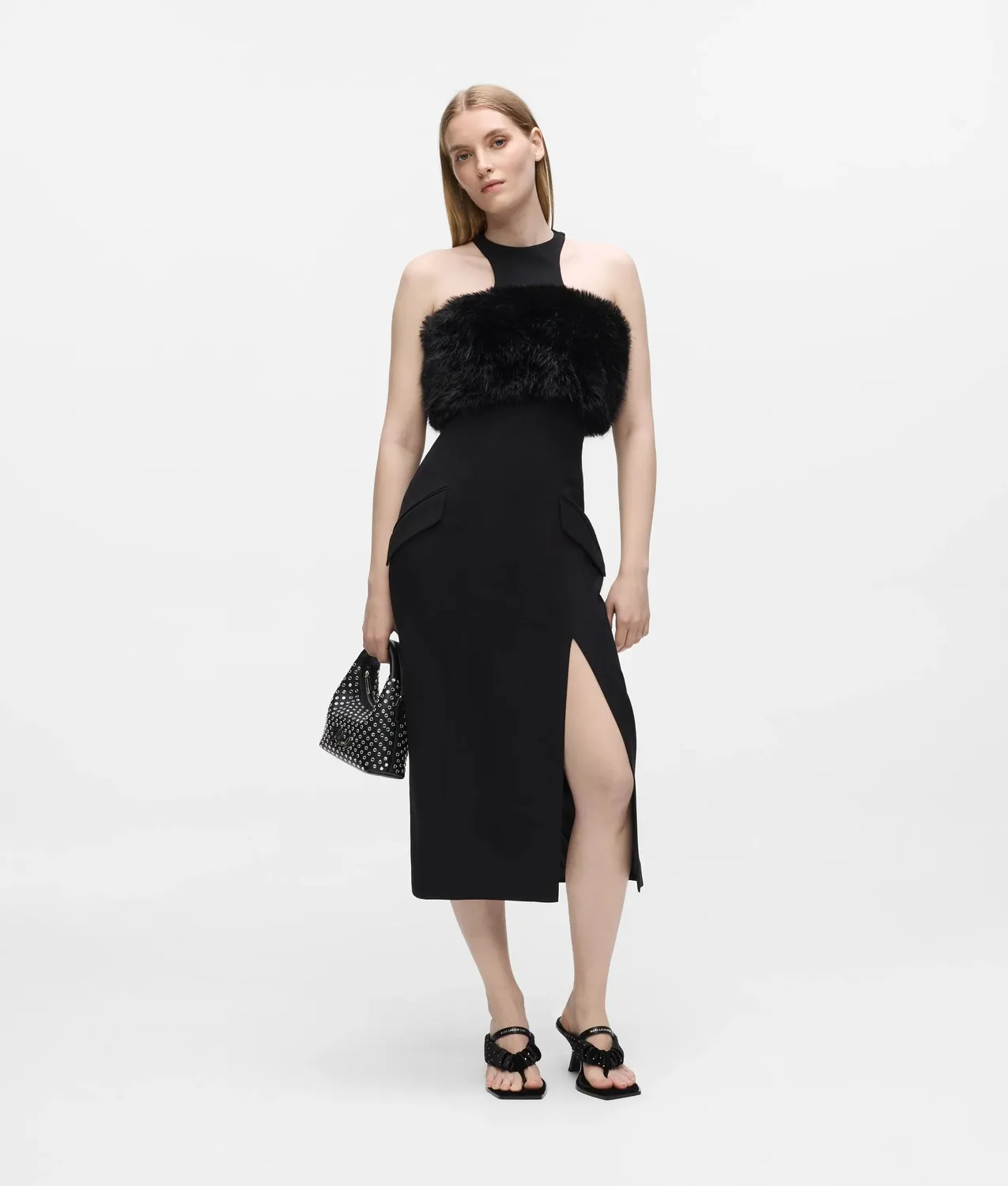 Karl Lagerfeld Faux-Fur Trim Kleid Midi Racerback 0-10