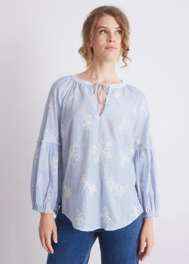 Senatex Stickerei Bluse Ocean Flower Bindeausschnitt