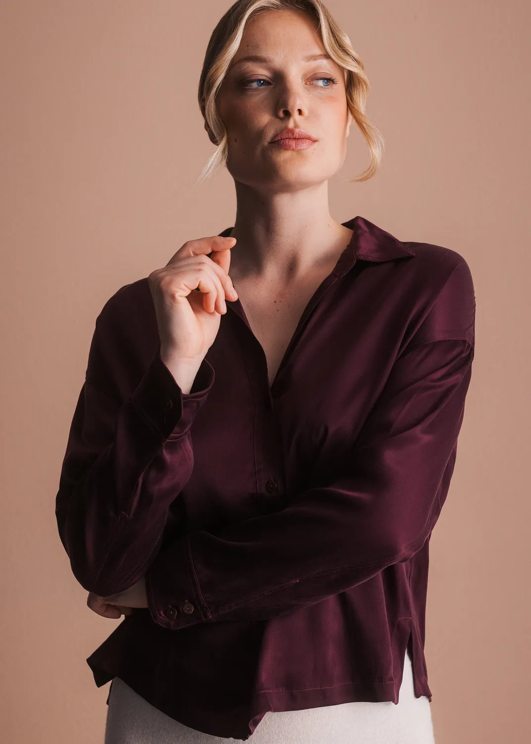 Senatex Bluse Kragen Knopfleiste Cream Cupro-Viskose