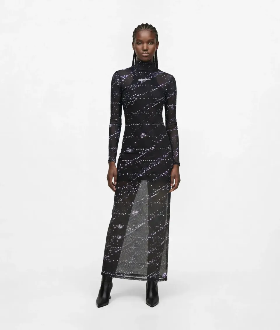 Karl Lagerfeld KL Jeans Constellation Maxikleid Mesh Sternenprint