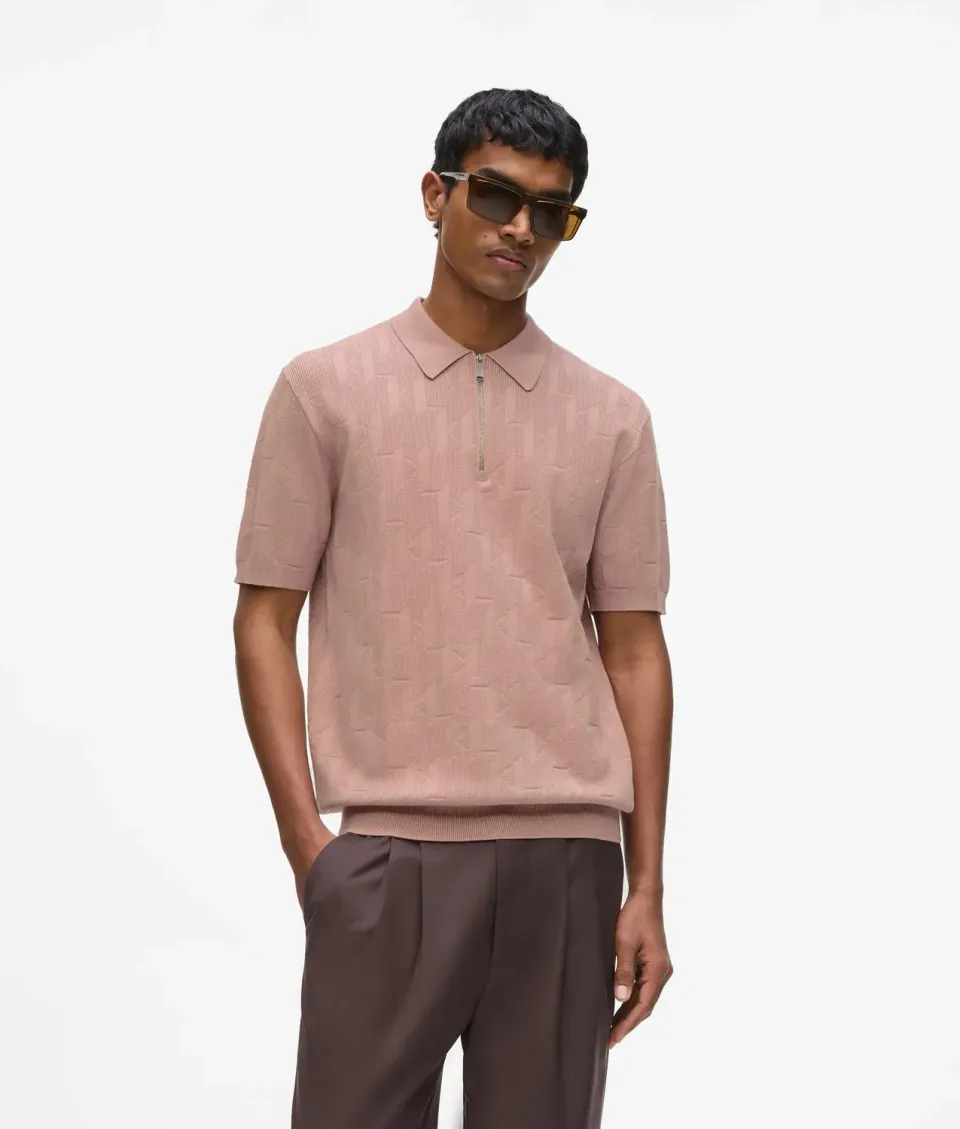 Karl Lagerfeld Monogram Zip-Up Poloshirt Jacquard Reverskragen