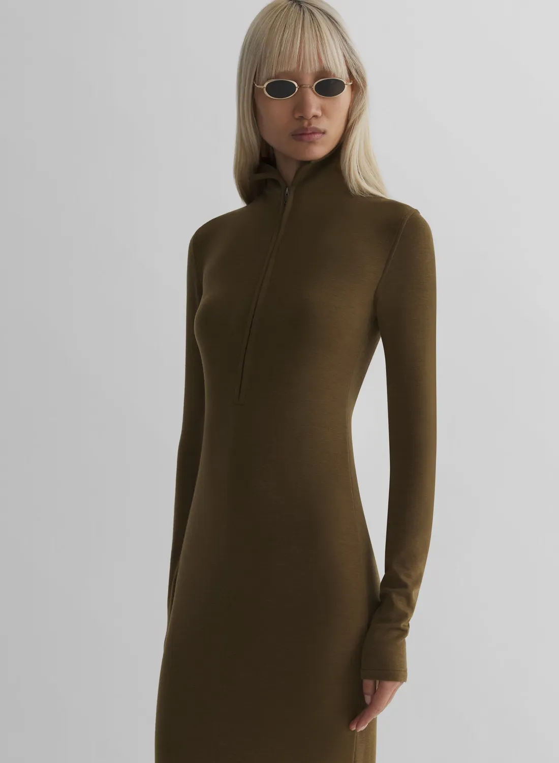 Mugler Column Jersey Kleid Military Green Wolle