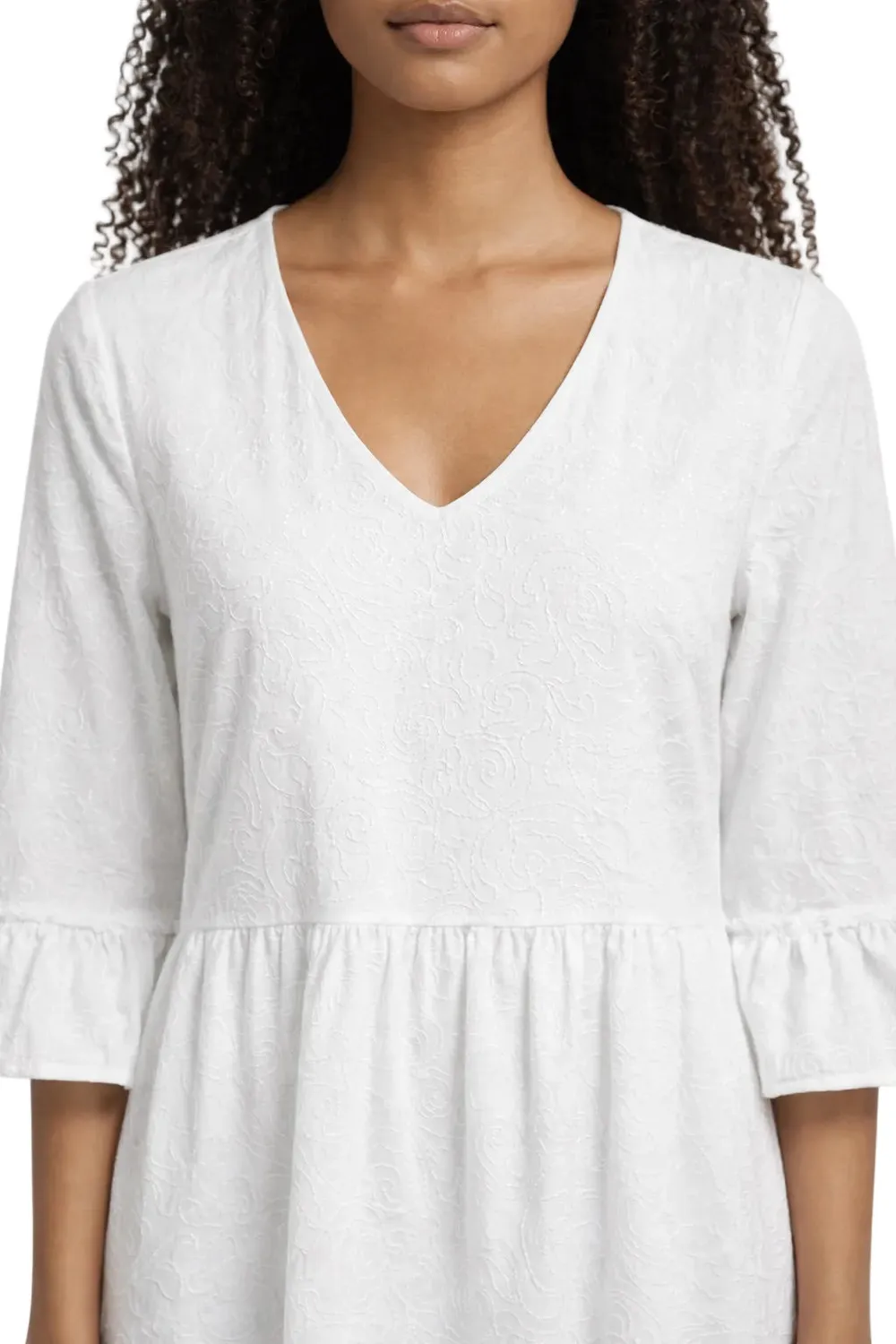 Gloriette Cotton Structure Midikleid weiß V-Ausschnitt