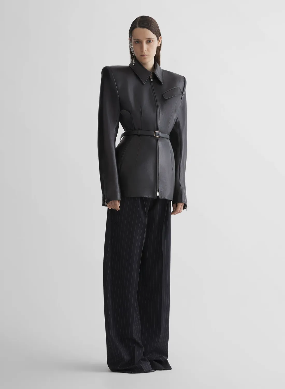 Mugler Pinstripe Wide Pleated Hose Navy Wolle weit