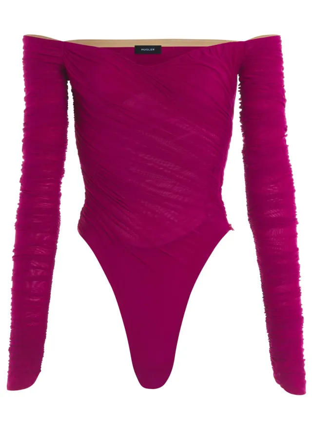 Mugler Ruched Mesh Body Magenta Langarm