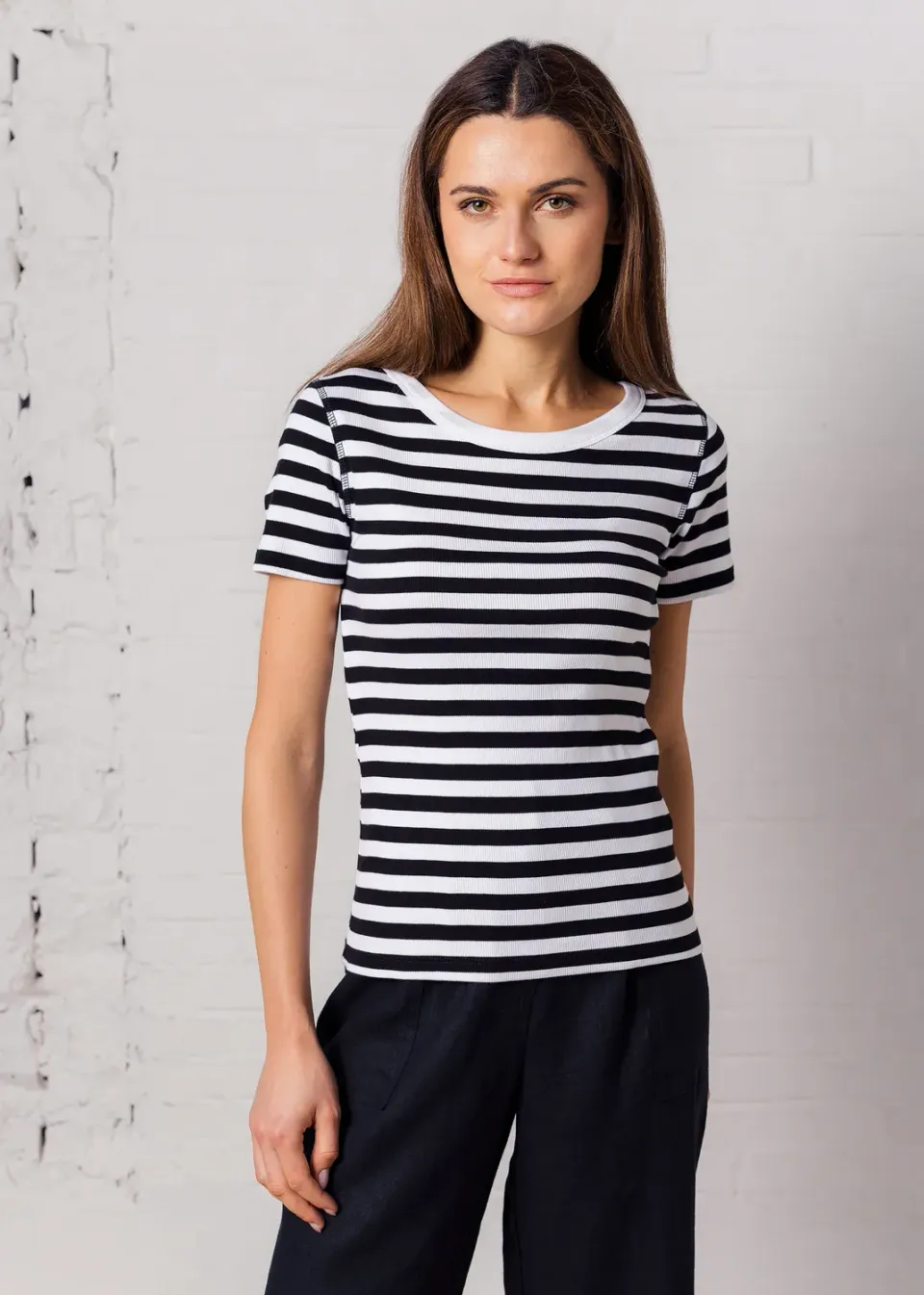 Senatex Rib-Shirt Black n White Baumwolle Streifen