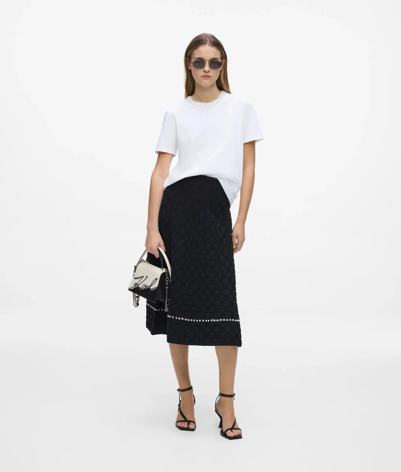 Karl Lagerfeld Faux-Perl T-Shirt Bio-Baumwolle weiß Damen