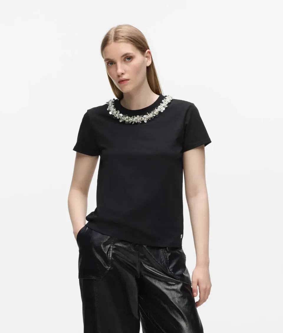 Karl Lagerfeld Beaded Collar T-Shirt Damen Perlen Bio