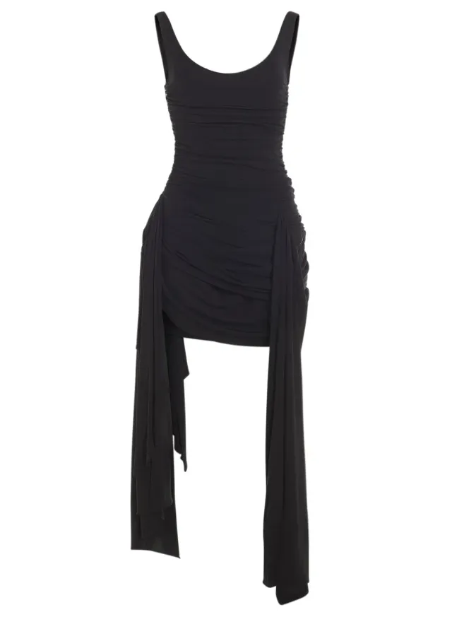 Mugler Draped Jersey Minikleid Schwarz mit Schleppe