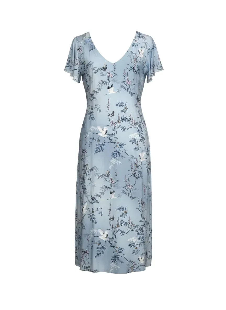 Gloriette Ruffle Sleeve Midikleid Hellblau Viskose