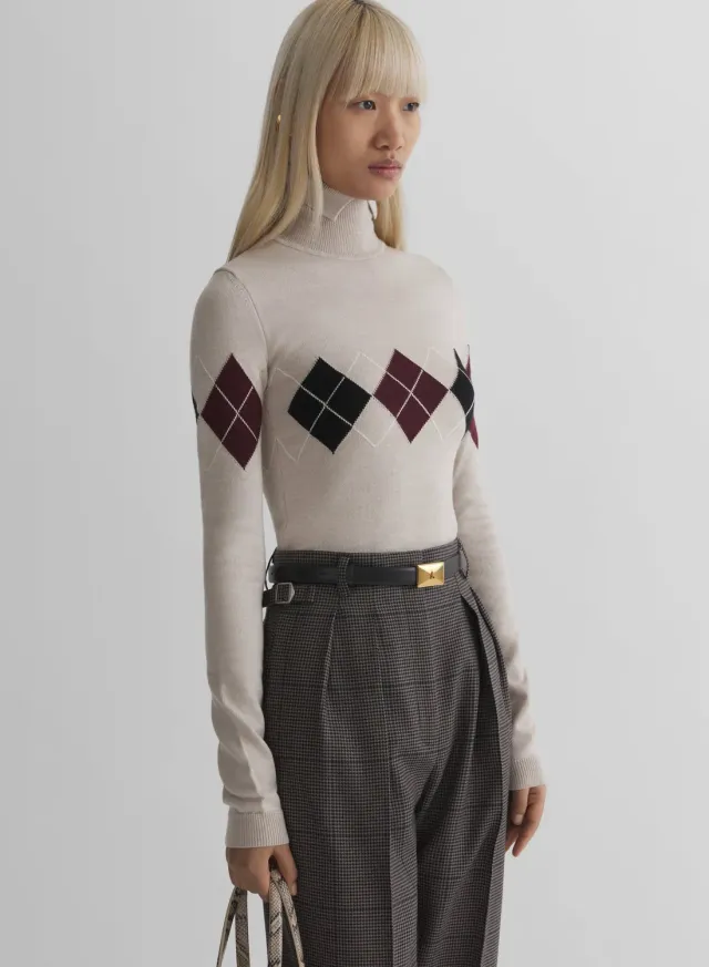 Mugler Argyle Top off-white Wollmix Stehkragen