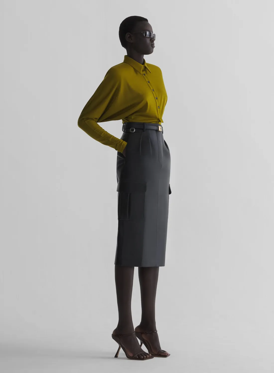 Mugler Polo Bodysuit Olivgrün Fledermaus Langarm