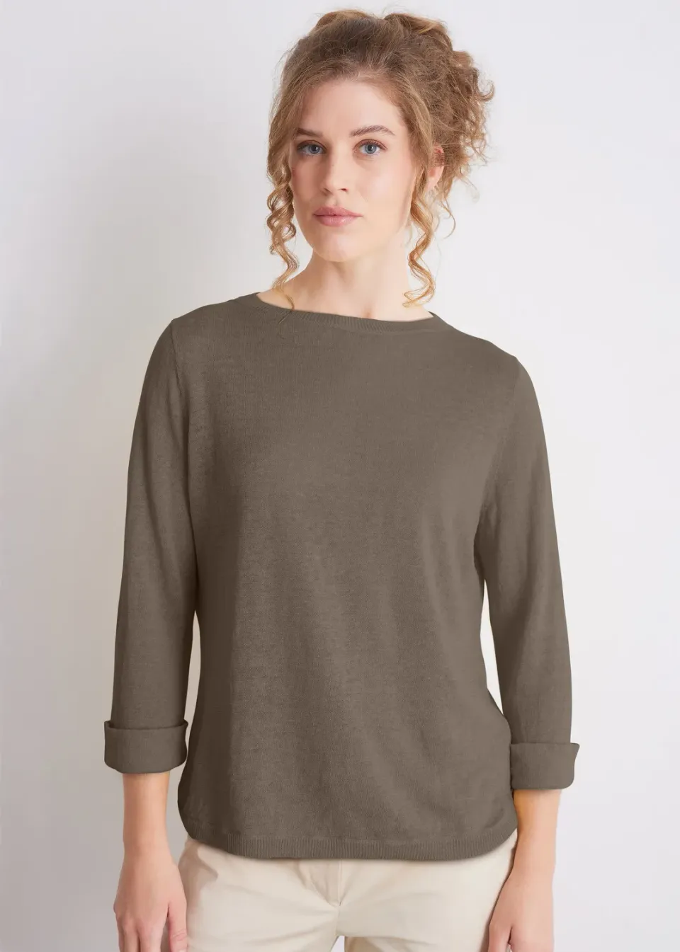 Senatex Leinenpullover Rundhals Mocca 3/4-Arm