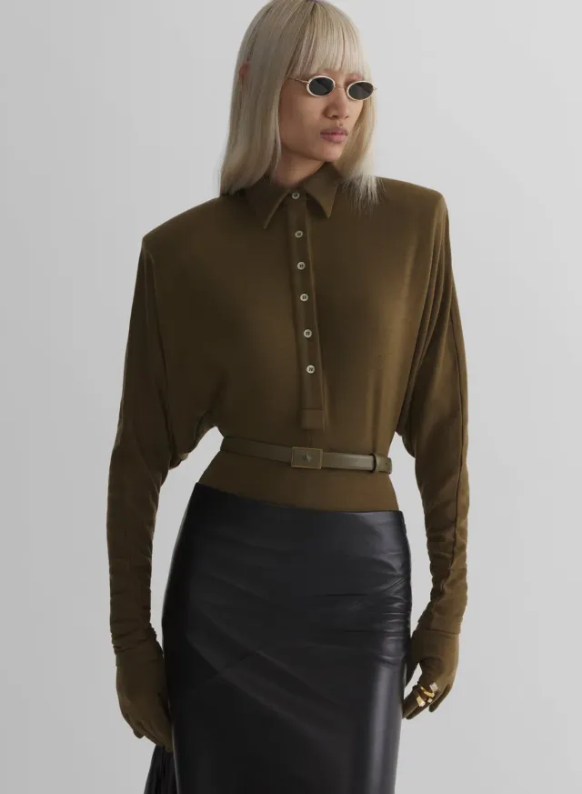 Mugler Batsleeves Polo Bodysuit khaki