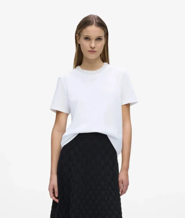 Karl Lagerfeld Faux-Perl T-Shirt Bio-Baumwolle weiß Damen