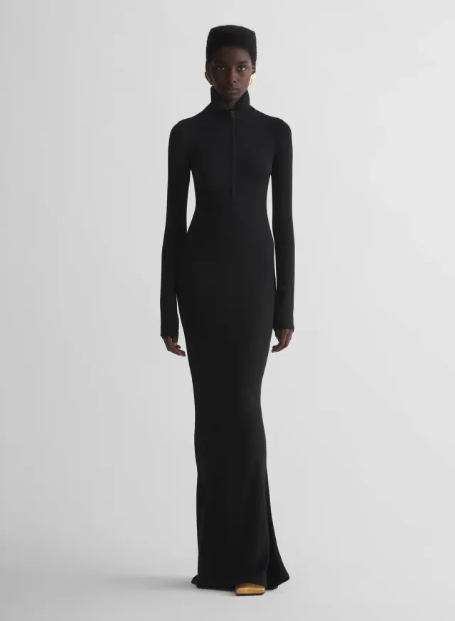 Mugler Jersey Column Kleid Schwarz bodenlang Wolljersey